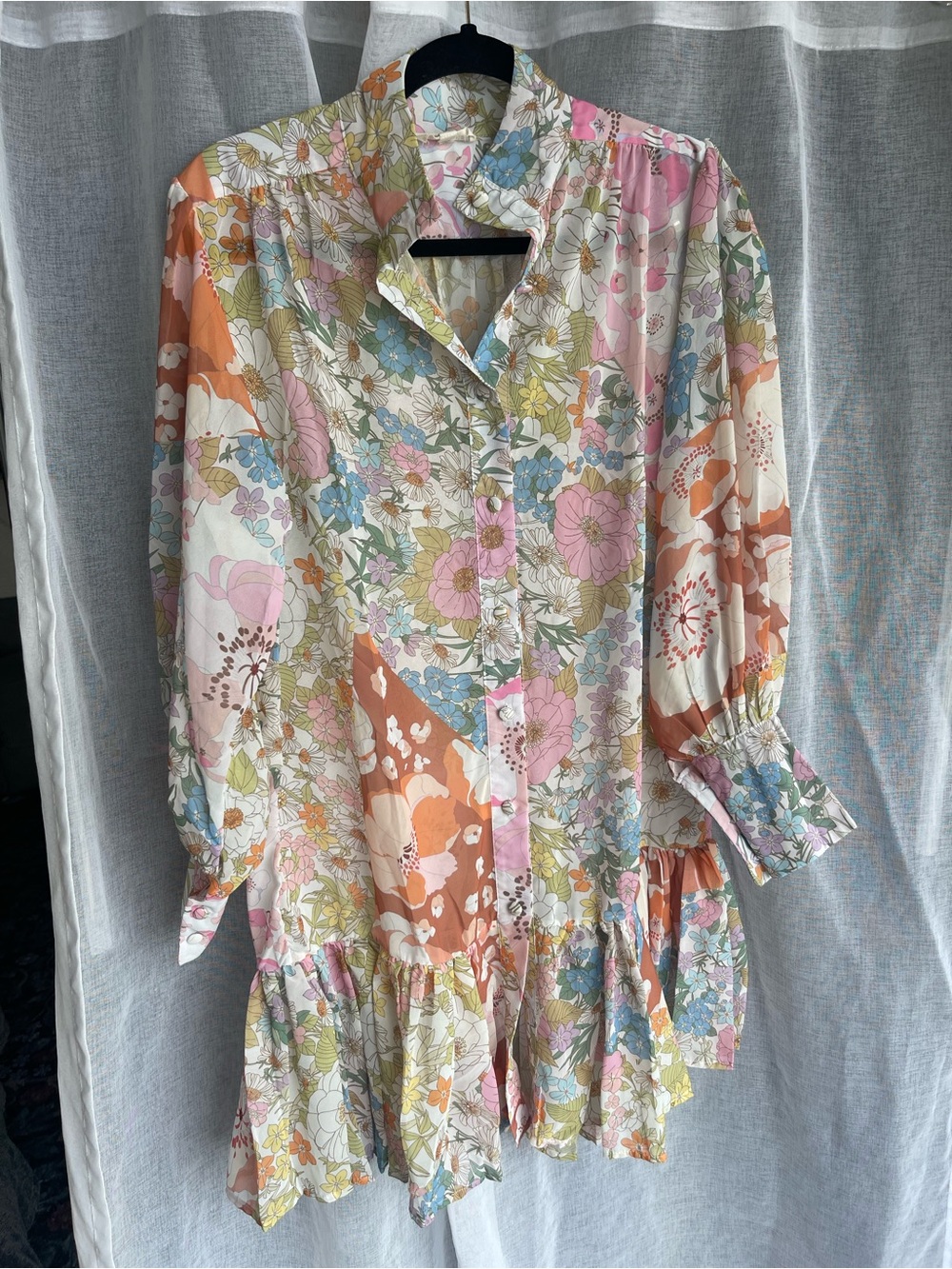 Pink Ripple L Retro Floral Patchwork Chiffon Mini Shirt Dress Ruffle Hem